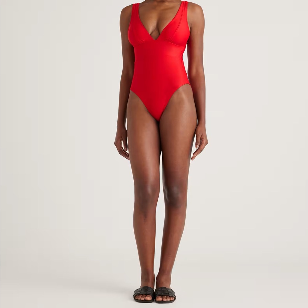 NWT Quince Cherry Red Women’s Italian Plunge One-Piece Swimsuit Sz XS S M L 🍒